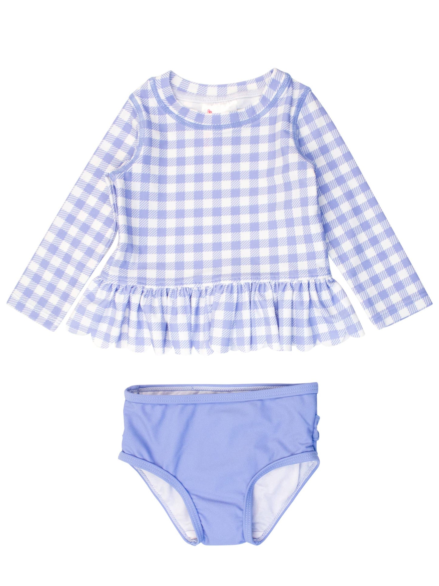 Periwinkle Blue Gingham Scallop Hem LS RG 2pc Swimsuit