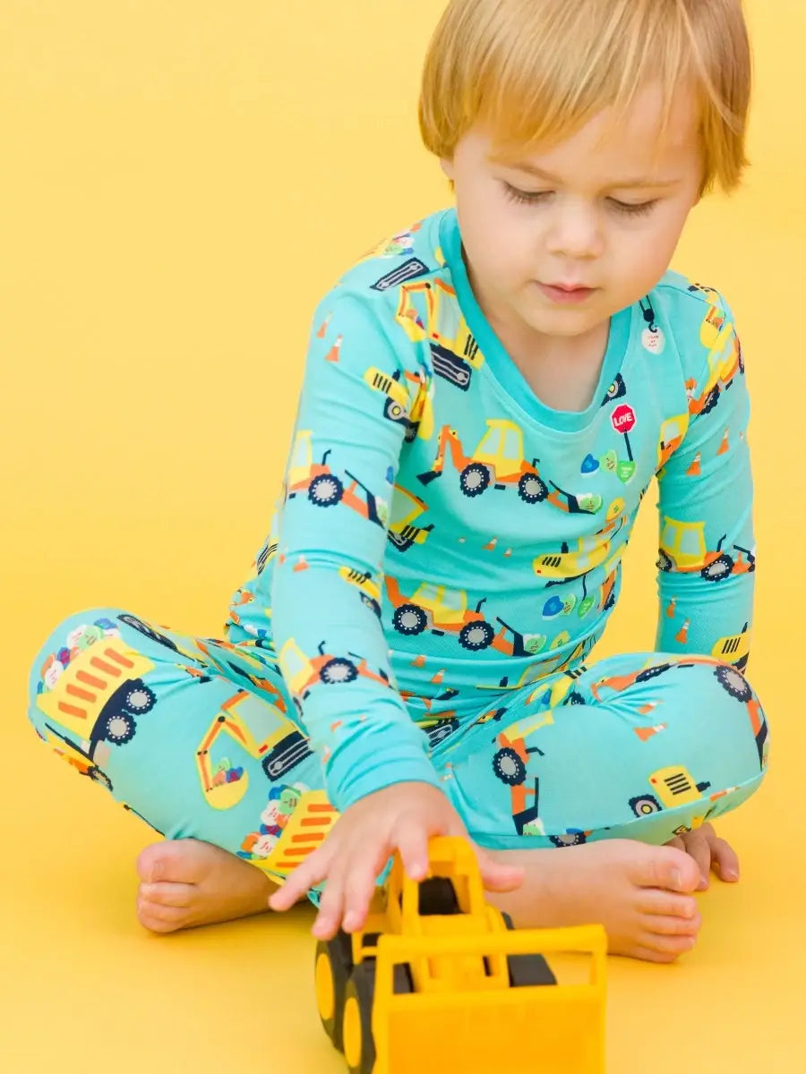 RuffleButts + RuggedButts - Boys I Dig You Bamboo Viscose Long Sleeve Pajama Set: Blue / 3T