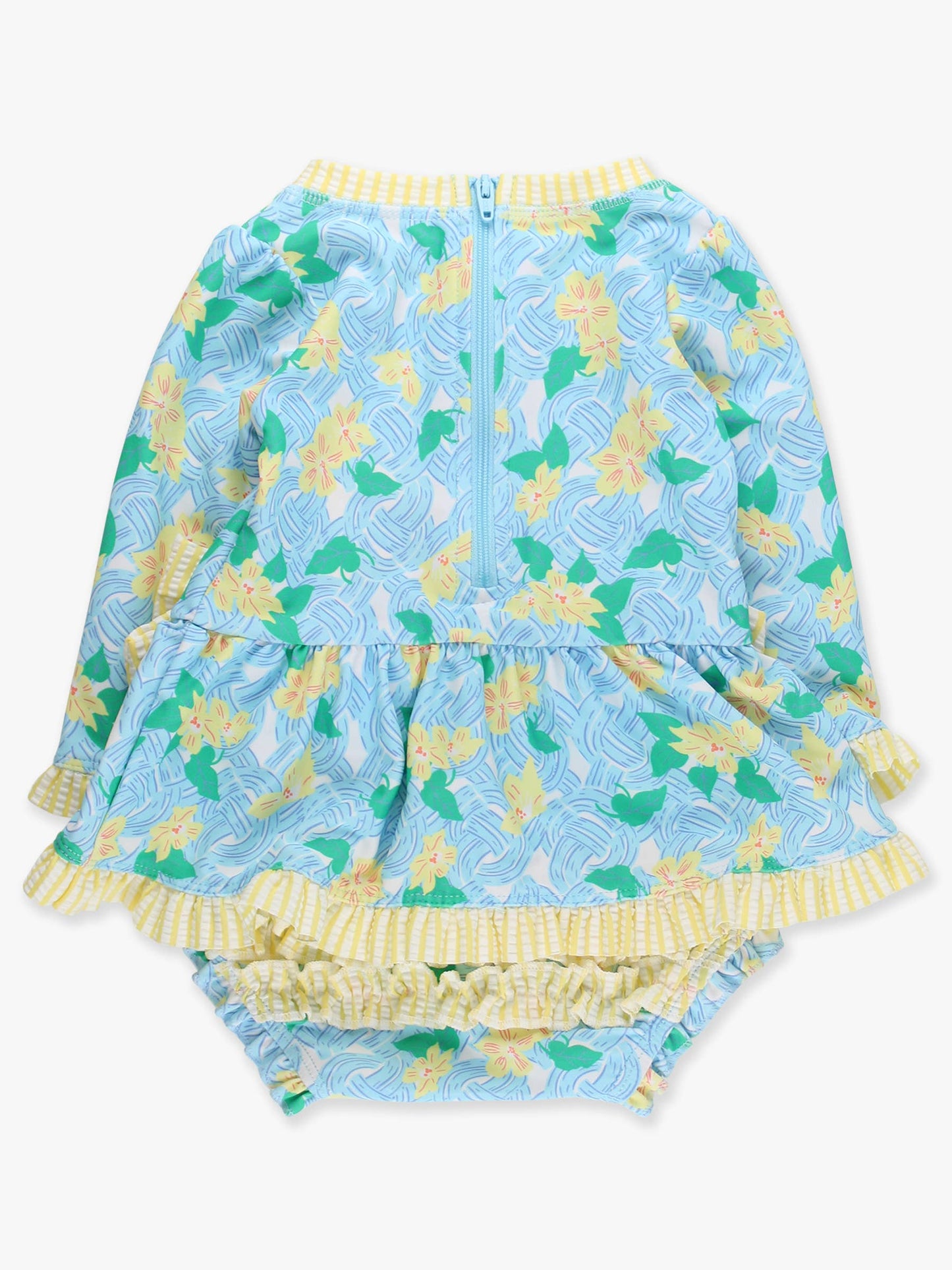 RuffleButts + RuggedButts - Baby Girls Blooming Basket LS OP Bow Peplum RG Swimsuit wi/Ruffles