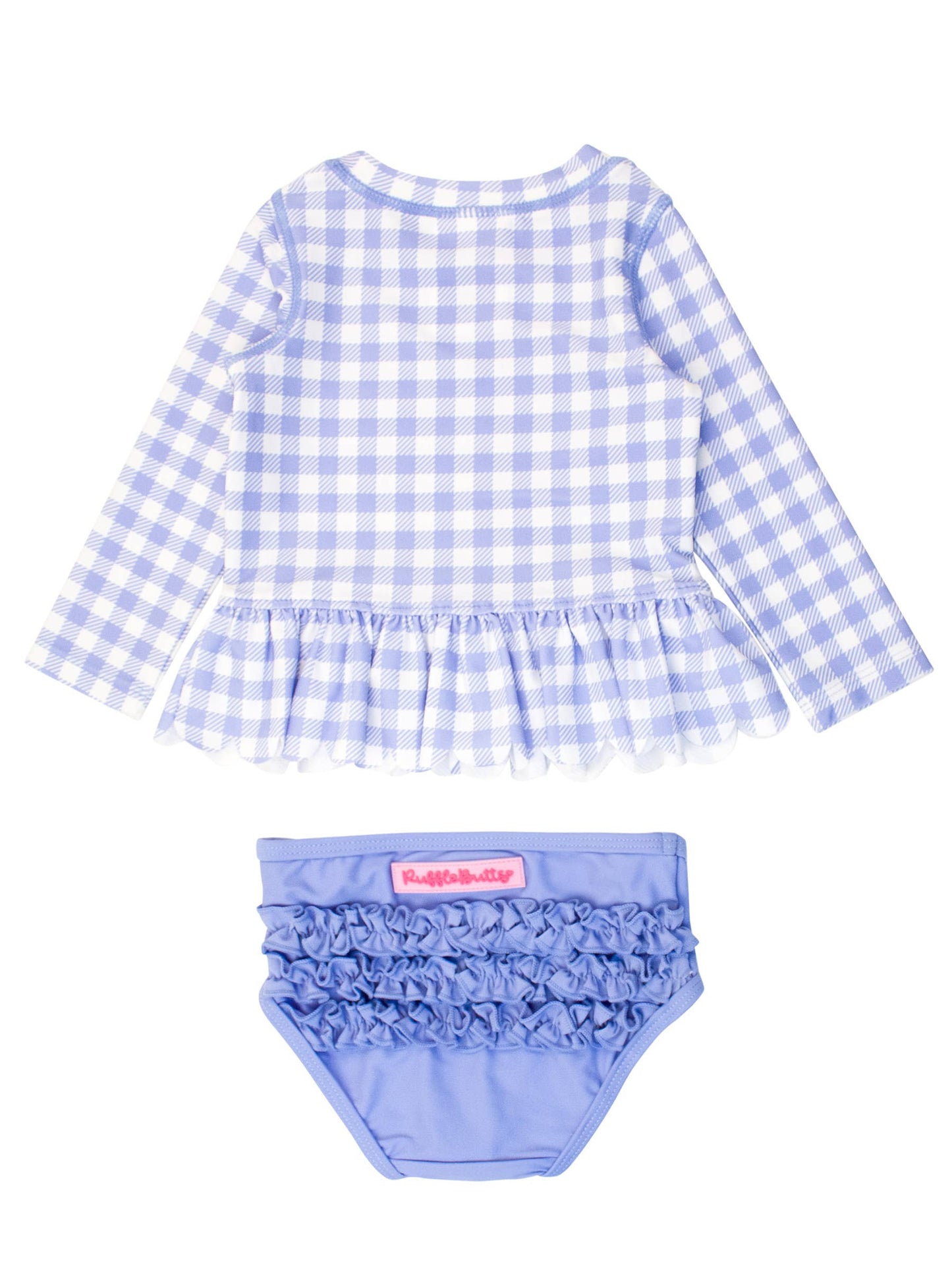 Periwinkle Blue Gingham Scallop Hem LS RG 2pc Swimsuit