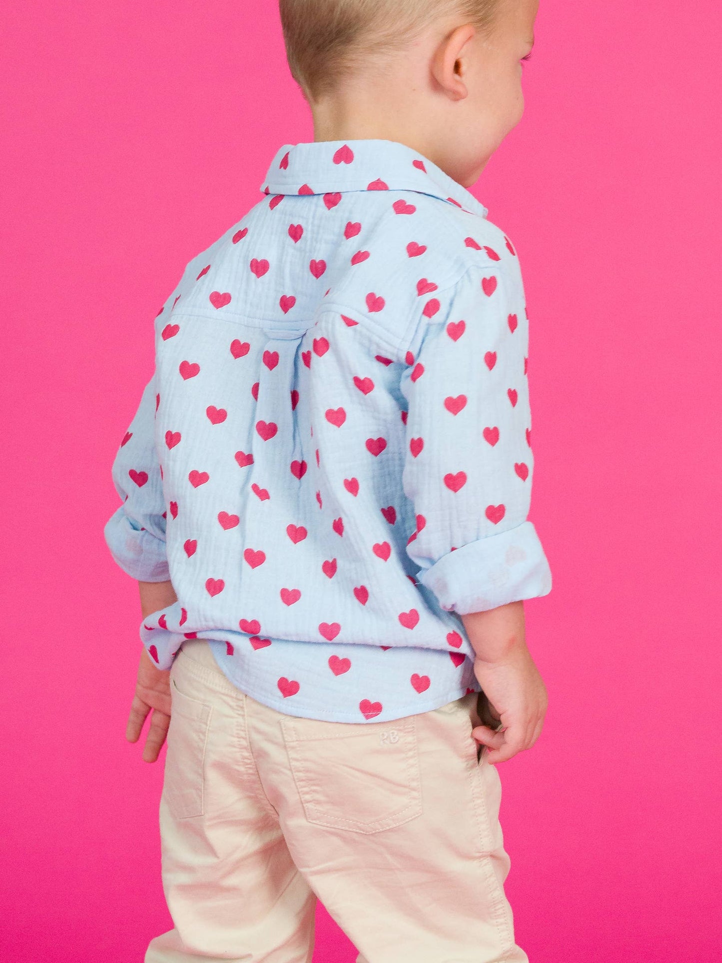 RuffleButts + RuggedButts - Boys Steal Your Heart Cotton Gauze Long Sleeve Button Down Shirt: Blue / 3T