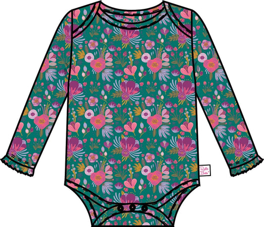 Emerald Floral Knit Long Sleeve Ruffle Bodysuit