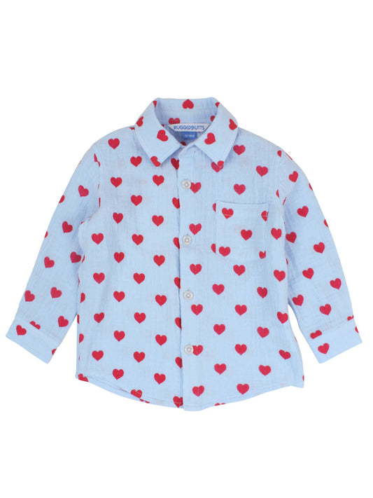 RuffleButts + RuggedButts - Boys Steal Your Heart Cotton Gauze Long Sleeve Button Down Shirt: Blue / 4T