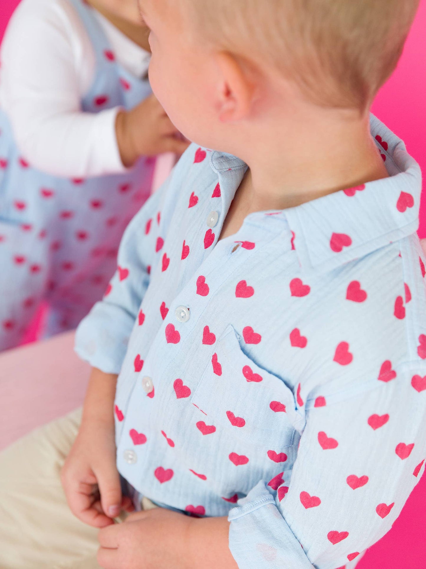 RuffleButts + RuggedButts - Boys Steal Your Heart Cotton Gauze Long Sleeve Button Down Shirt: Blue / 12-18m