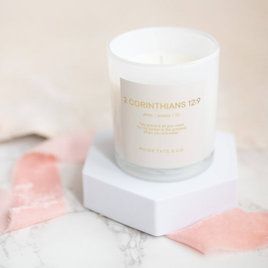Paige Tate & Co. - Scripture Candle: 2 Corinthians 12:9 Soy Wax Christian Gift