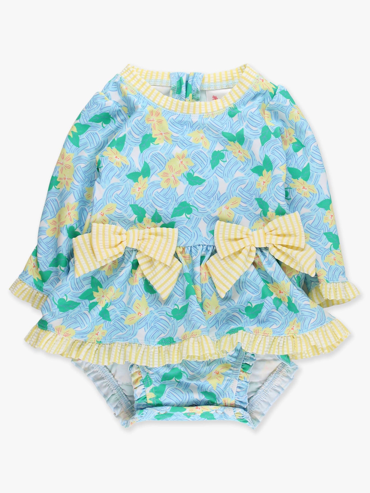 RuffleButts + RuggedButts - Baby Girls Blooming Basket LS OP Bow Peplum RG Swimsuit wi/Ruffles