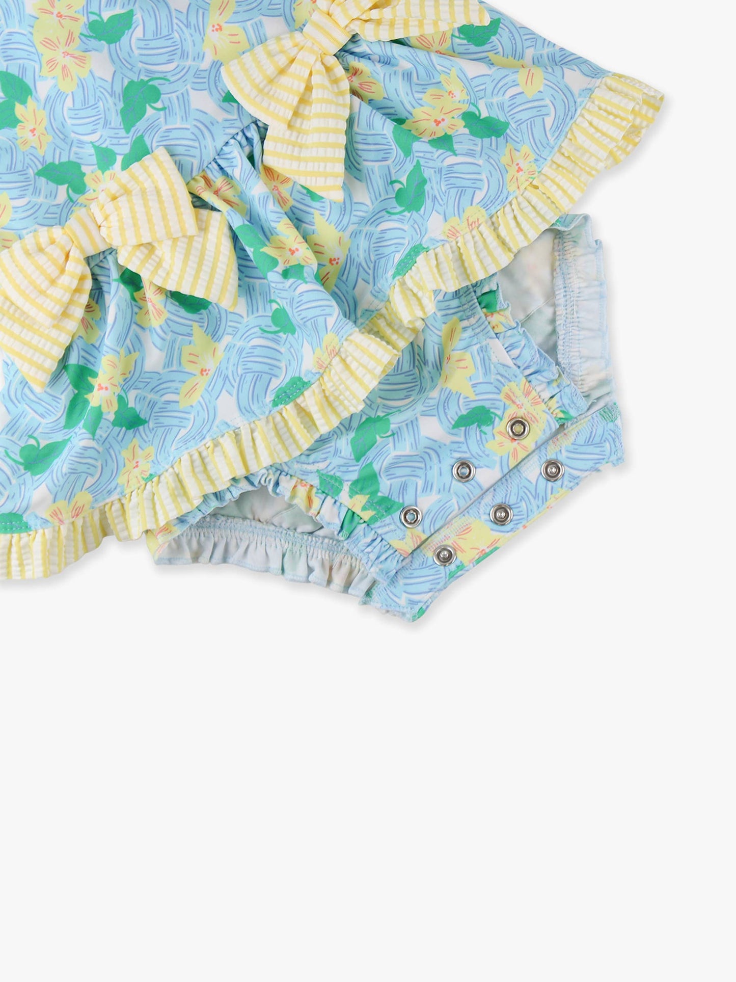 RuffleButts + RuggedButts - Baby Girls Blooming Basket LS OP Bow Peplum RG Swimsuit wi/Ruffles