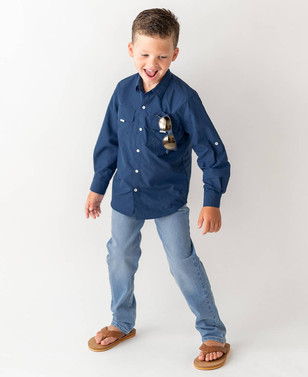 Boys Navy Sun Protective Button Down Shirt