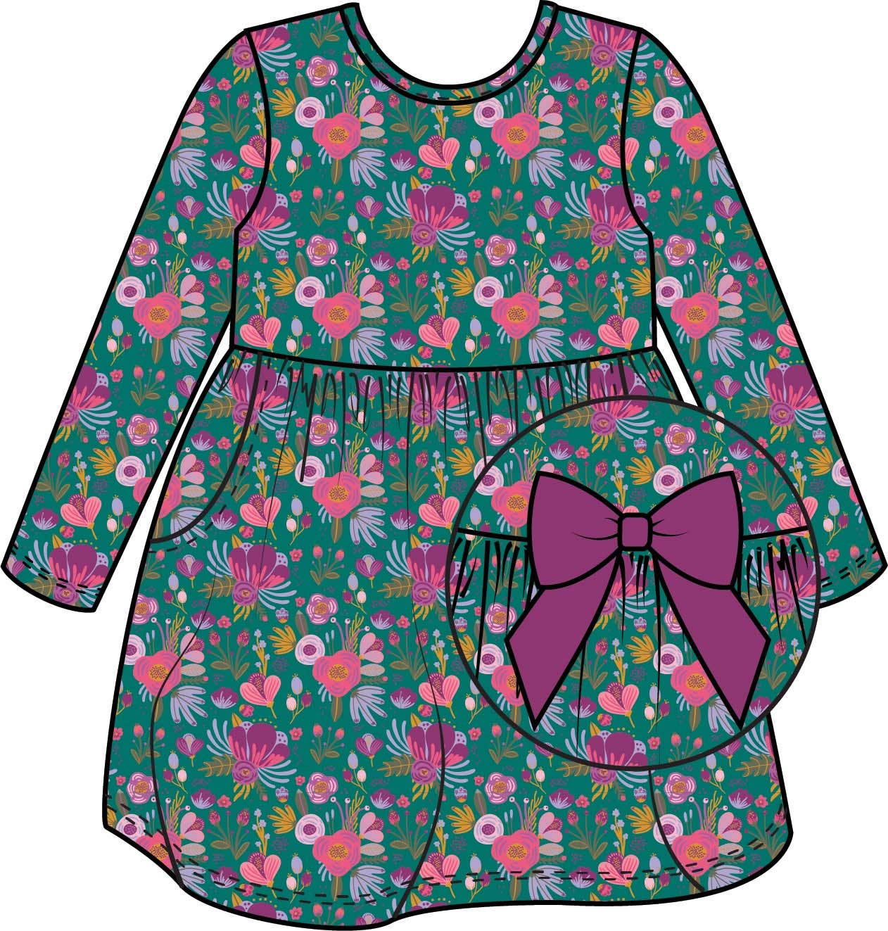 Emerald Floral Knit LS Twirl Dress