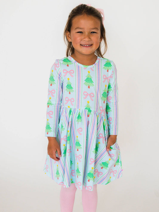 RuffleButts + RuggedButts - Girls Merry Bow Dreams Knit Long Sleeve Twirl Dress
