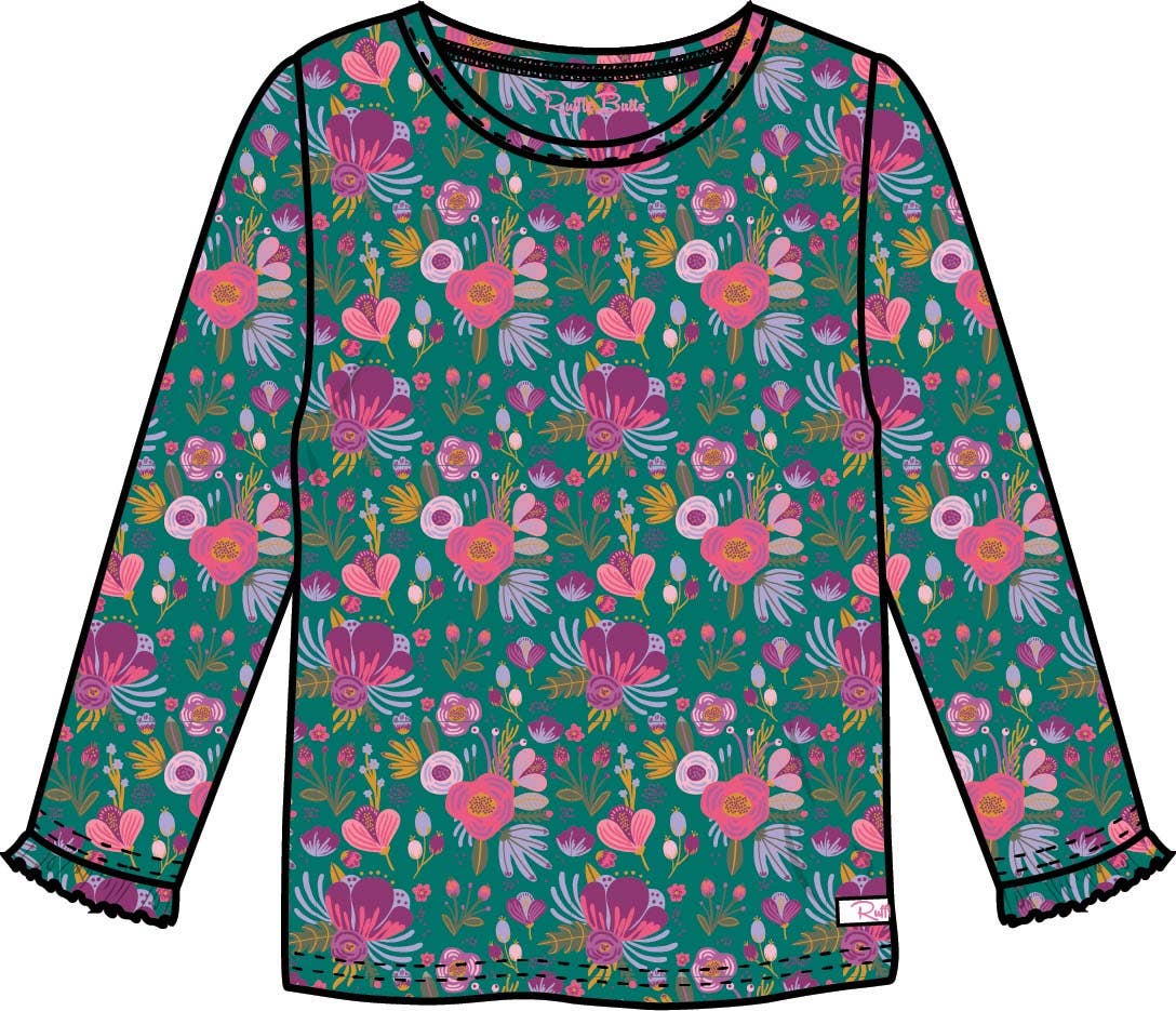 Emerald Floral Knit LS Ruffle Sleeve Top