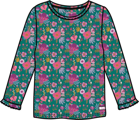 Emerald Floral Knit LS Ruffle Sleeve Top