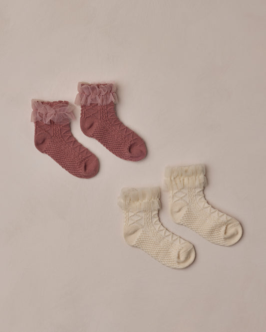 Ruffle Socks|Ivory,Raspberry