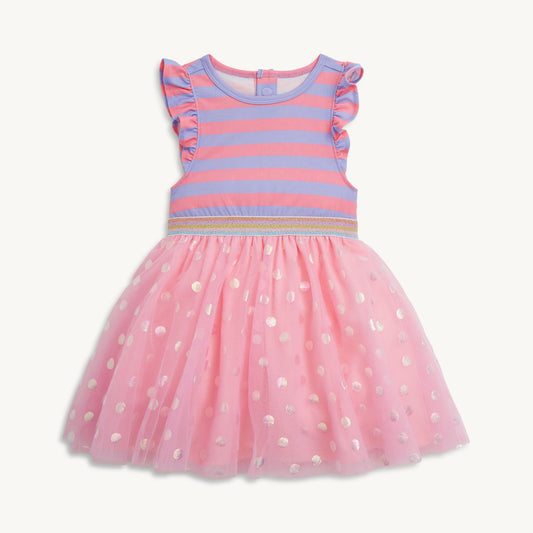 Shell Pink Stripe Flutter Sleeve Girls Tutu Dress