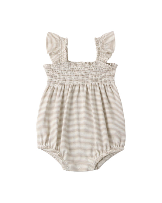 Smocked Ruffle Sleeve Romper||Oat Micro Stripe