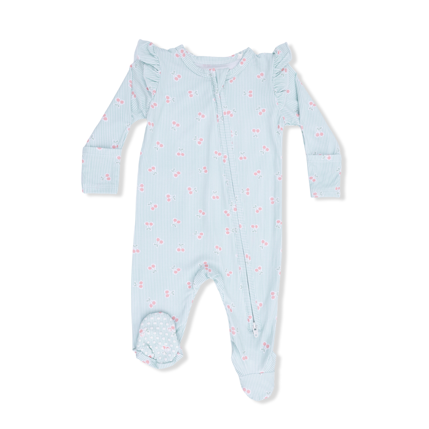 Tiny Cherry Stripe - 2Way Ruffle Sleeve Zip Footie